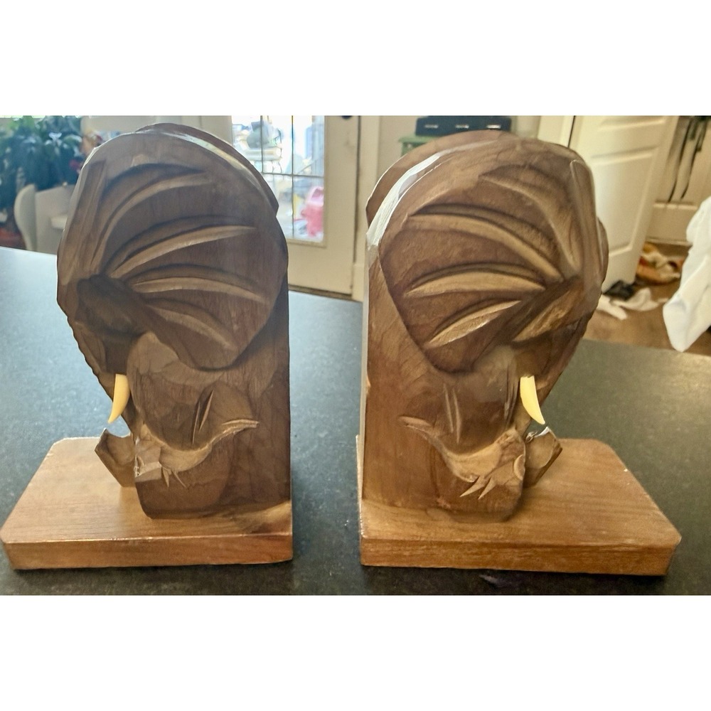 Vintage Hand-Carved Solid Wood Elephant Bookends‎ (Pair)